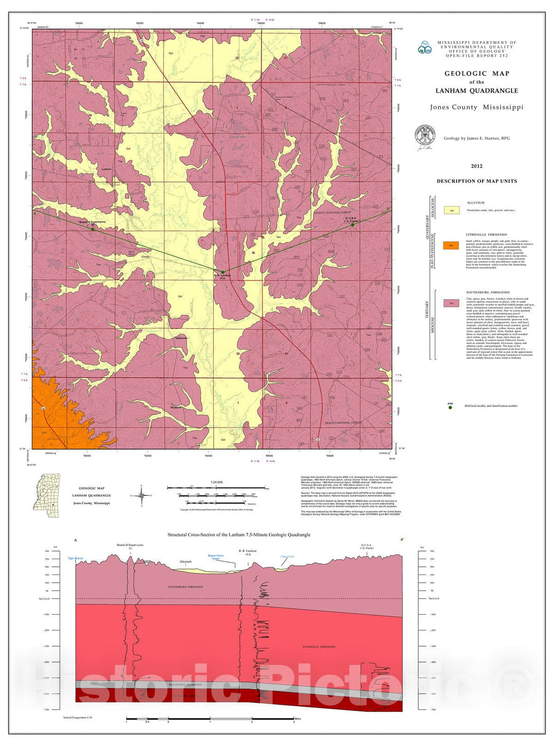 Map : Geologic map of the Lanham quadrangle, Jones County, Mississippi, 2012 Cartography Wall Art :