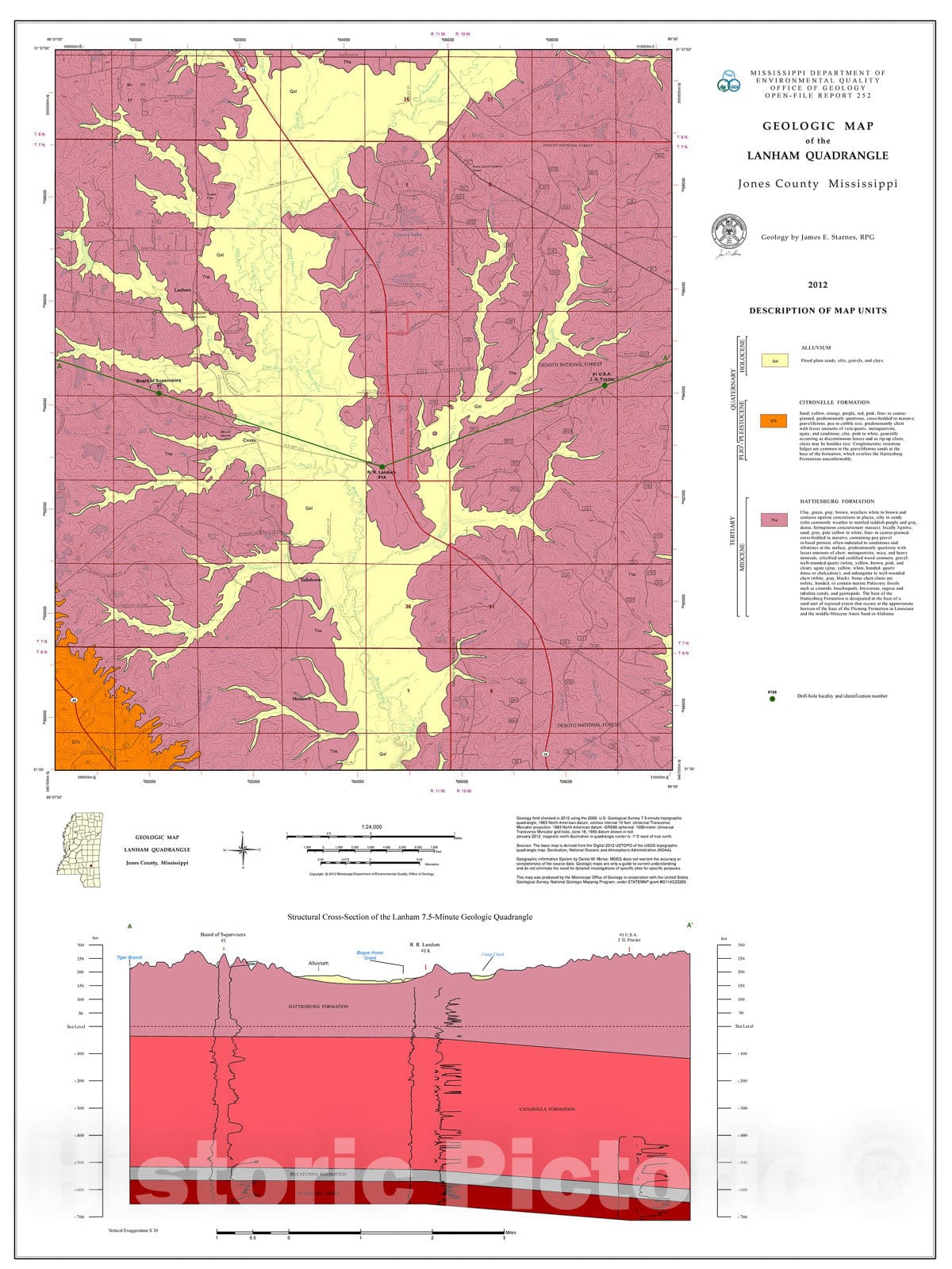 Map : Geologic map of the Lanham quadrangle, Jones County, Mississippi, 2012 Cartography Wall Art :