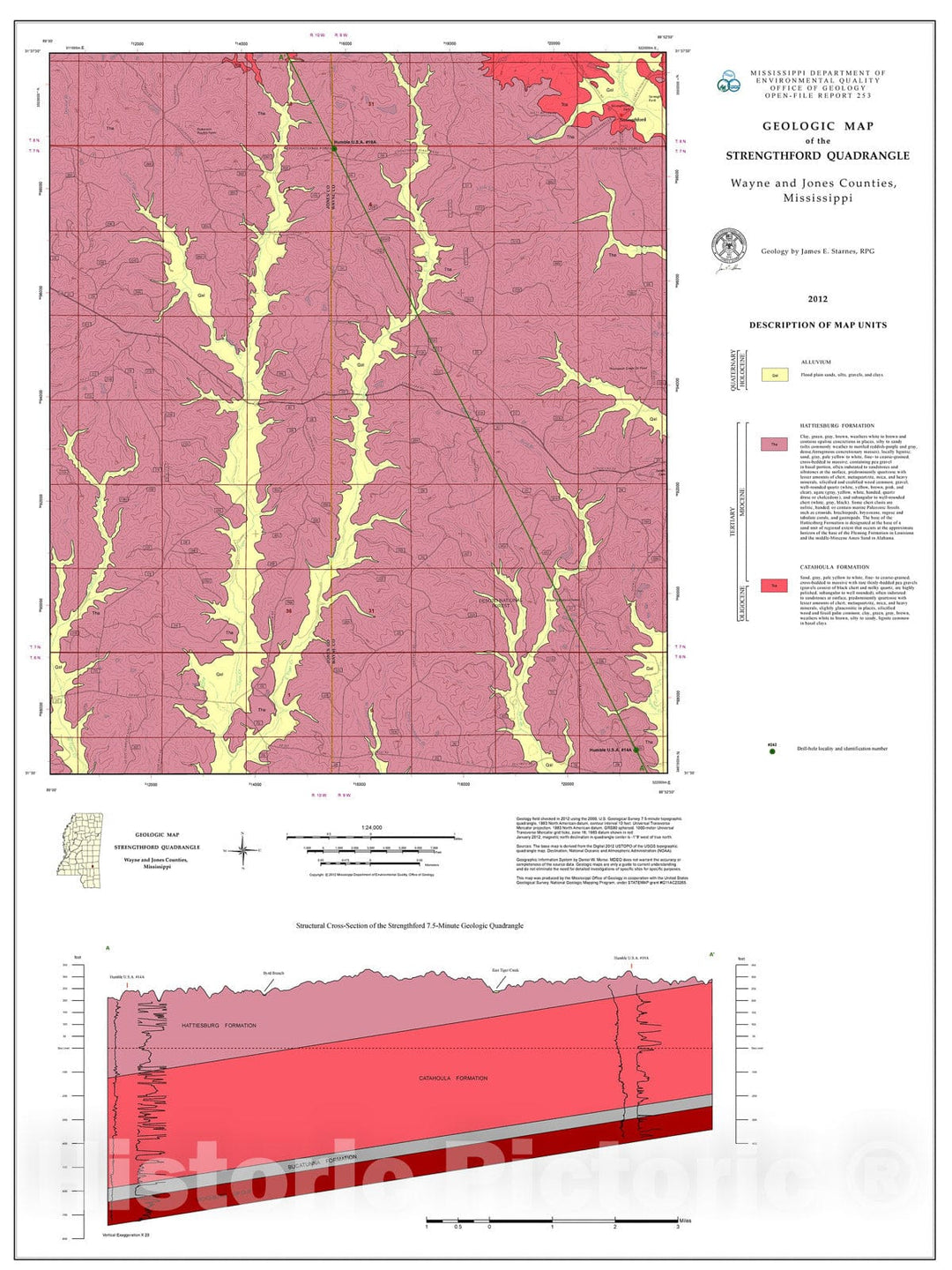 Map : Geologic map of the Strengthford quadrangle, Wayne and Jones counties, Mississippi, 2012 Cartography Wall Art :