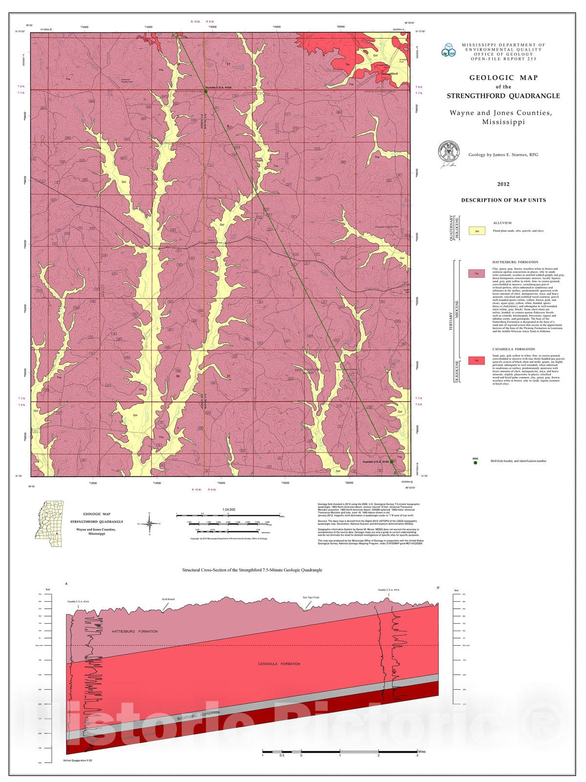 Map : Geologic map of the Strengthford quadrangle, Wayne and Jones counties, Mississippi, 2012 Cartography Wall Art :