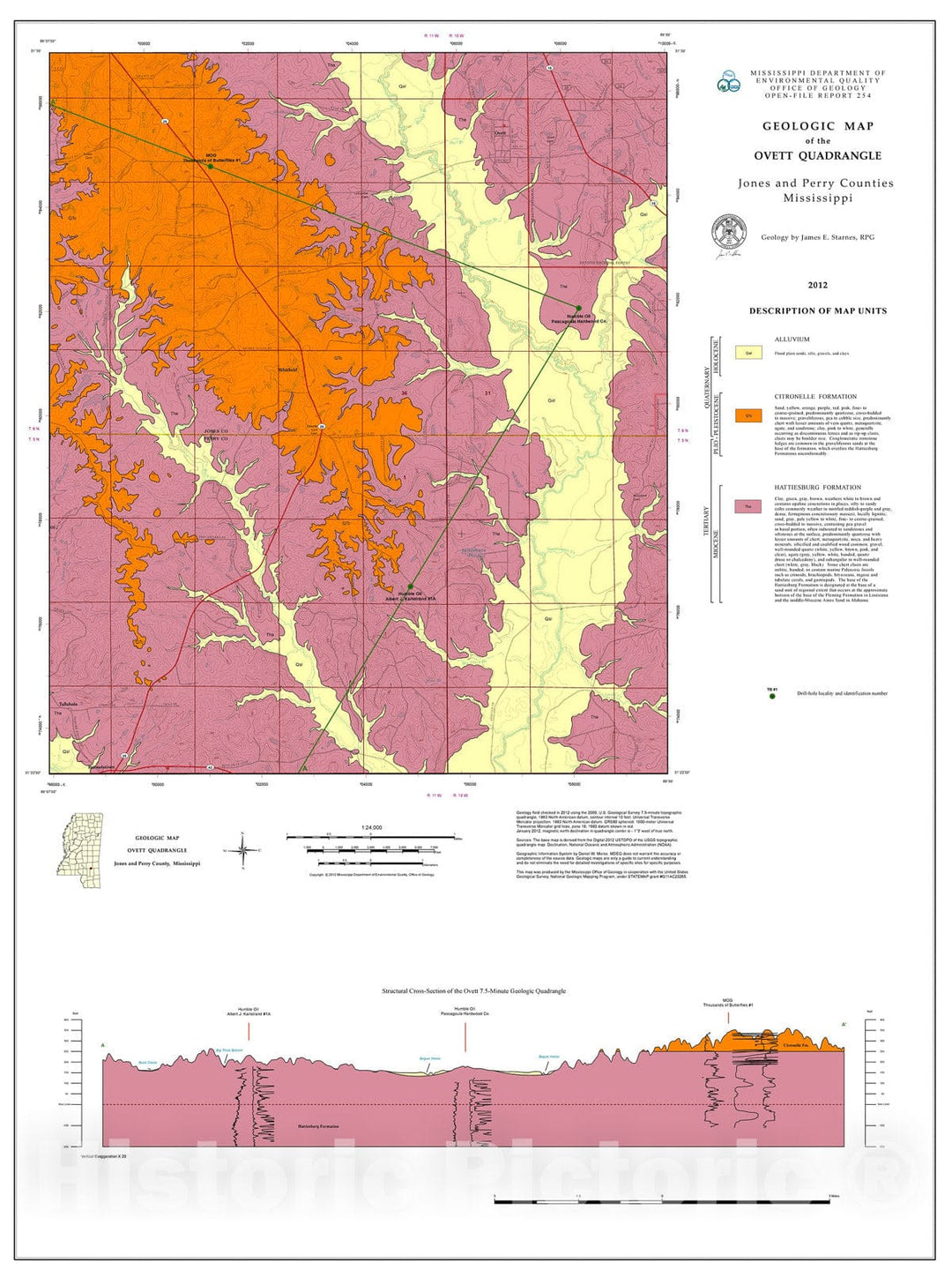 Map : Geologic map of the Ovett quadrangle, Jones and Perry counties, Mississippi, 2012 Cartography Wall Art :