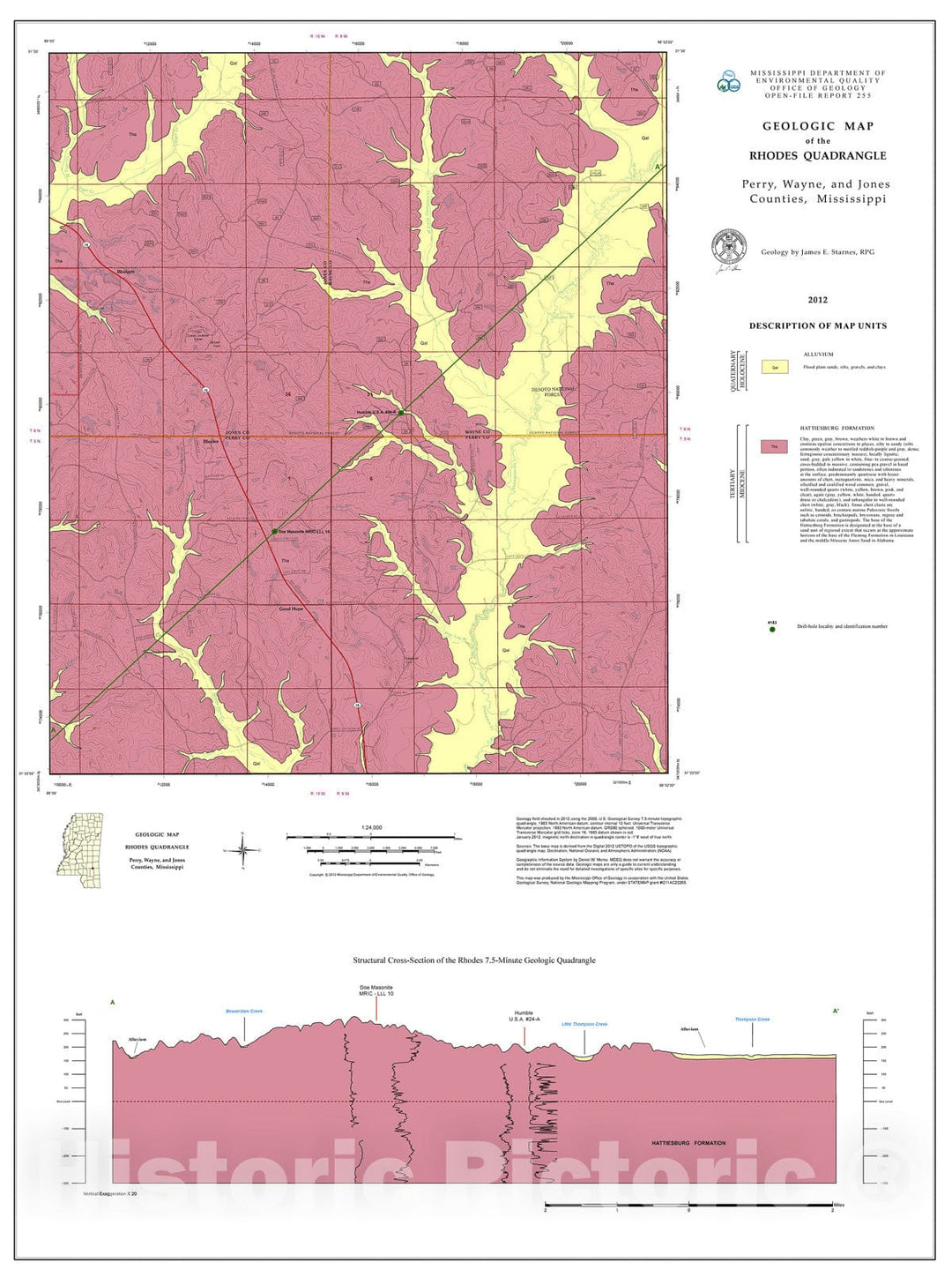 Map : Geologic map of the Rhodes quadrangle, Perry, Wayne, and Jones counties, Mississippi, 2012 Cartography Wall Art :