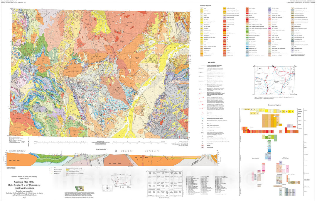 Map : Geologic map of the Butte South 30' x 60' quadrangle, southwest Montana, 2012 Cartography Wall Art :