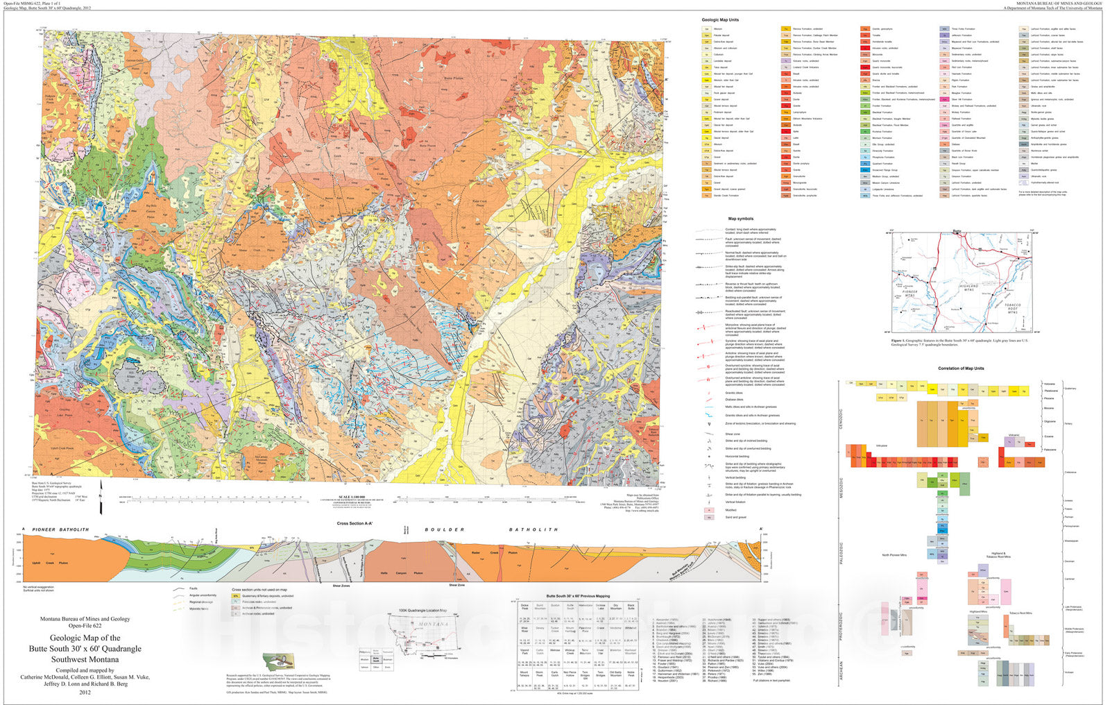 Map : Geologic map of the Butte South 30' x 60' quadrangle, southwest Montana, 2012 Cartography Wall Art :