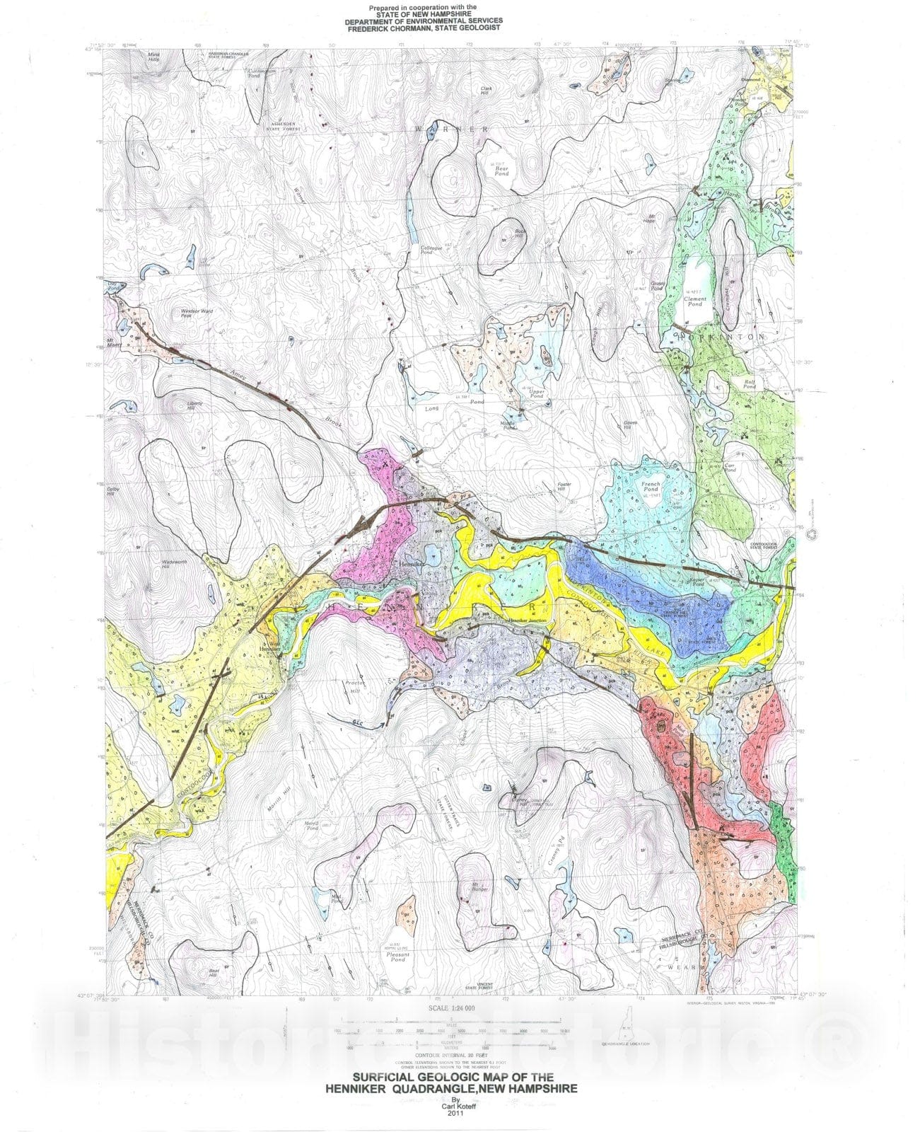 Map : Surficial Geologic Map of the Henniker Quadrangle, New Hampshire, 2011 Cartography Wall Art :