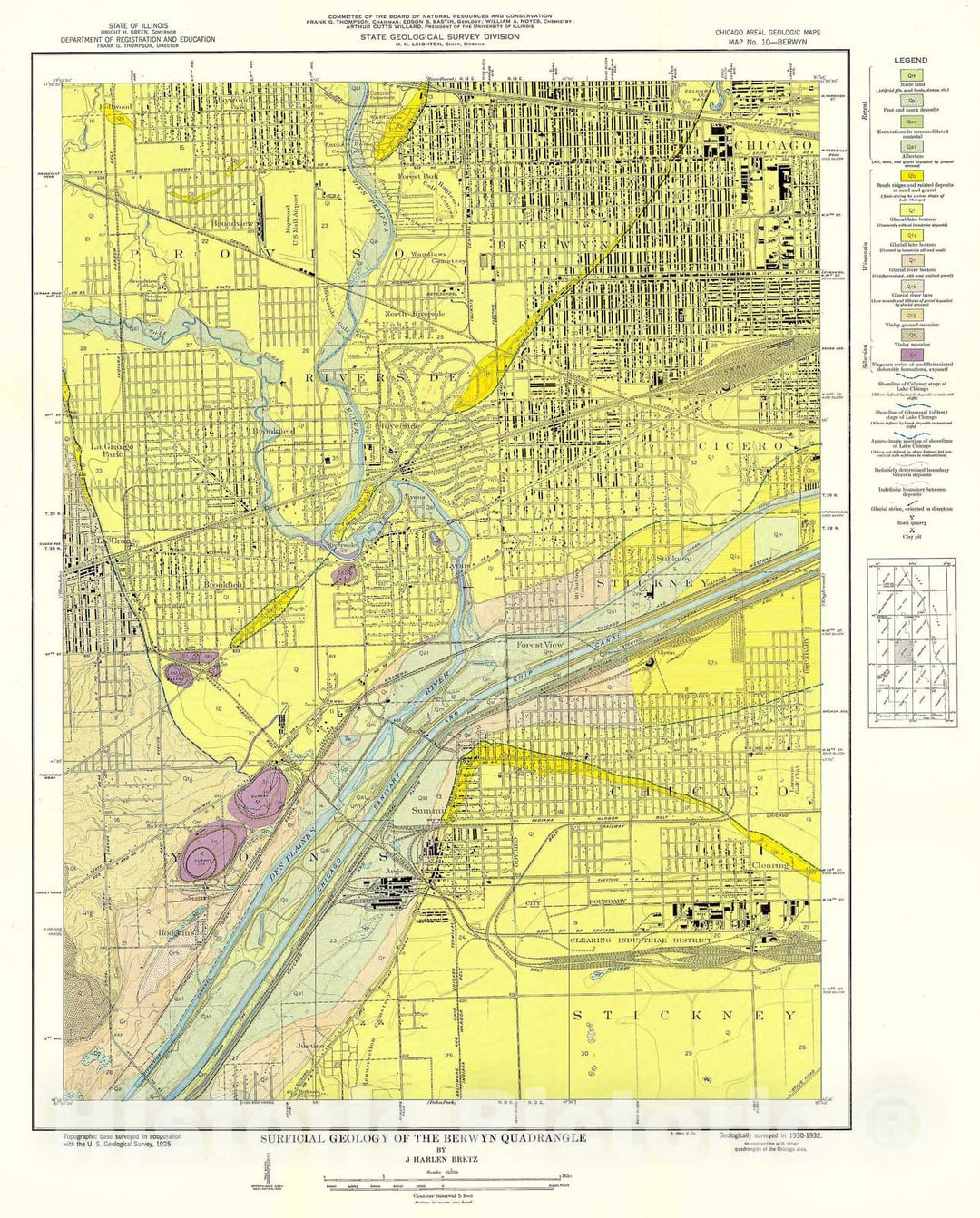 Map : Surficial geology of the Chicago region: Berwyn Quadrangle, 1939 Cartography Wall Art :