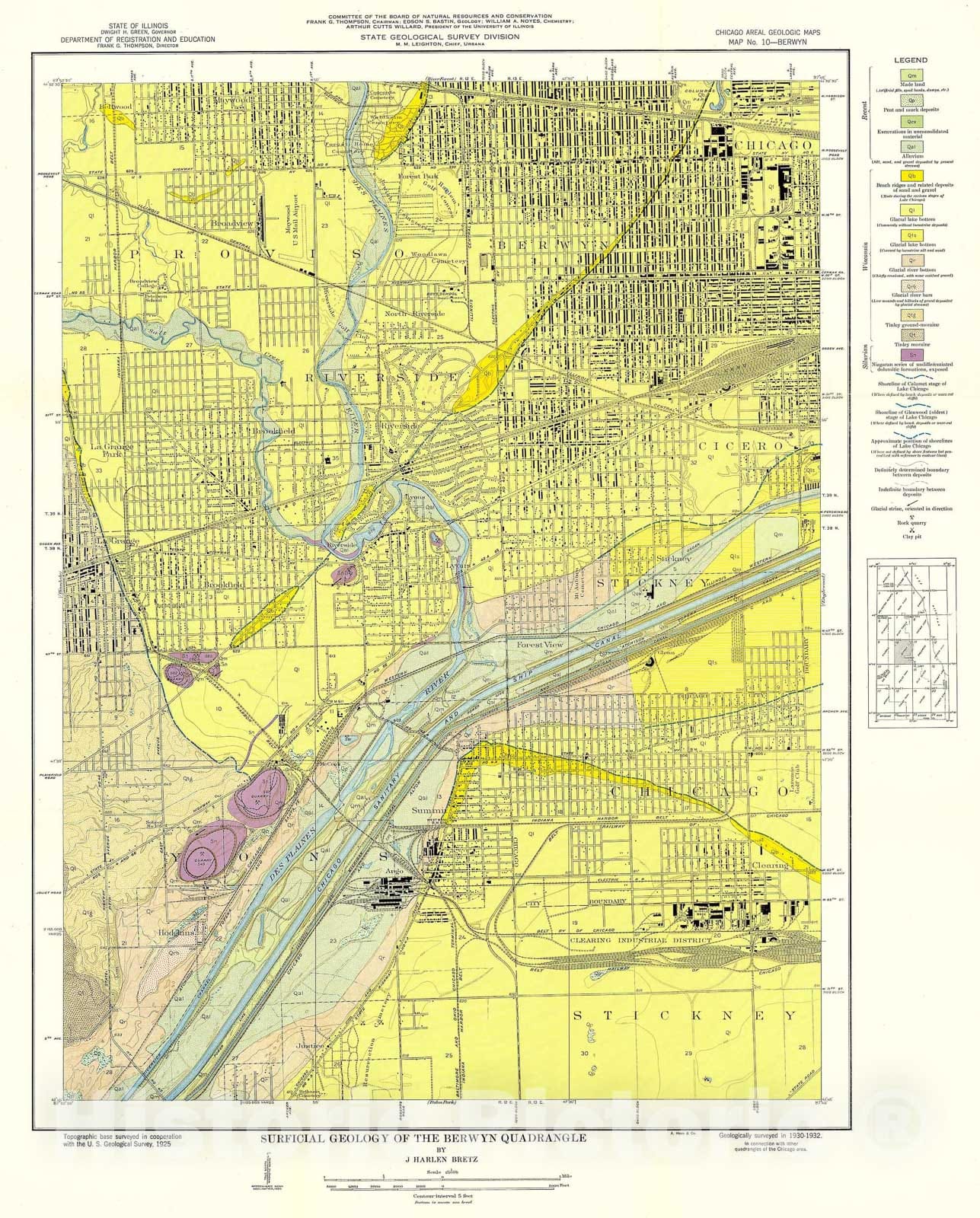 Map : Surficial geology of the Chicago region: Berwyn Quadrangle, 1939 Cartography Wall Art :
