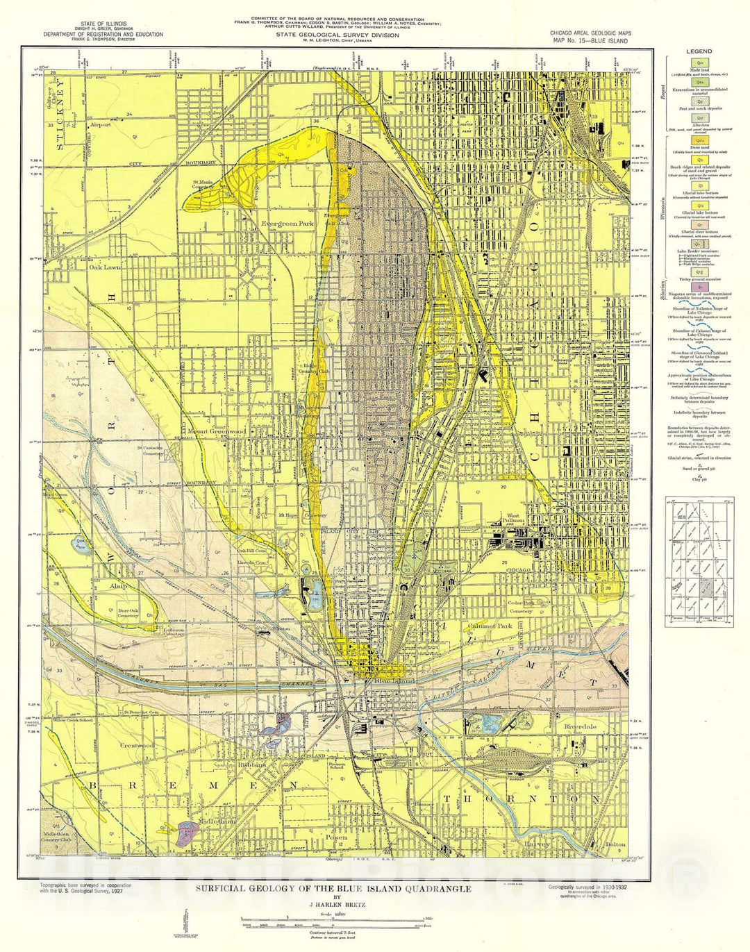 Map : Surficial geology of the Chicago region: Blue Island Quadrangle, 1939 Cartography Wall Art :
