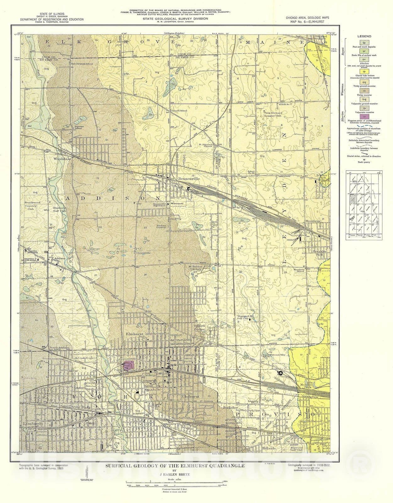 Map : Surficial geology of the Chicago region: Elmhurst Quadrangle, 1939 Cartography Wall Art :
