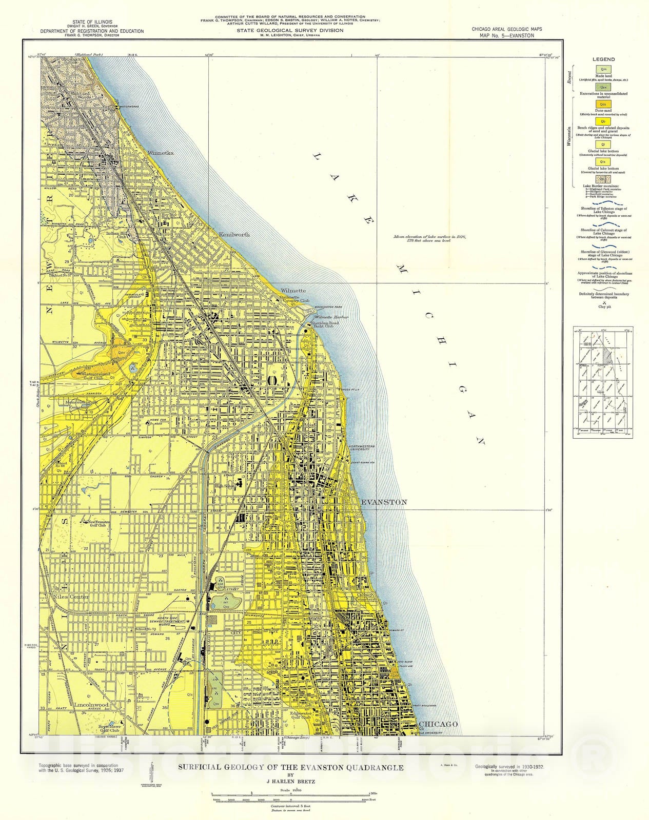 Map : Surficial geology of the Chicago region: Evanston Quadrangle, 1939 Cartography Wall Art :