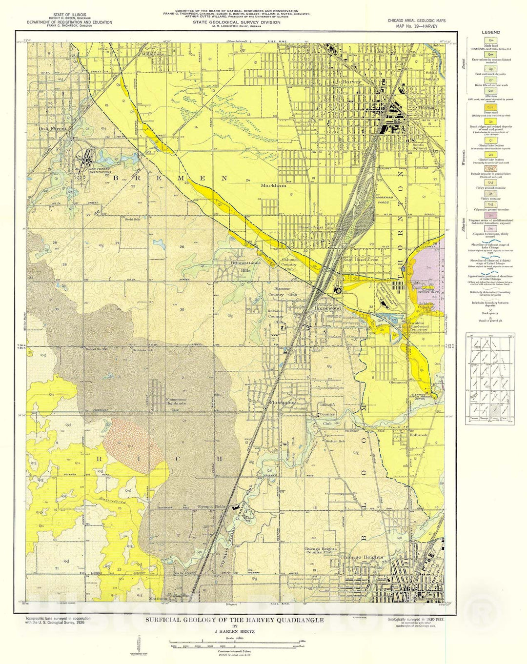 Map : Surficial geology of the Chicago region: Harvey Quadrangle, 1939 Cartography Wall Art :