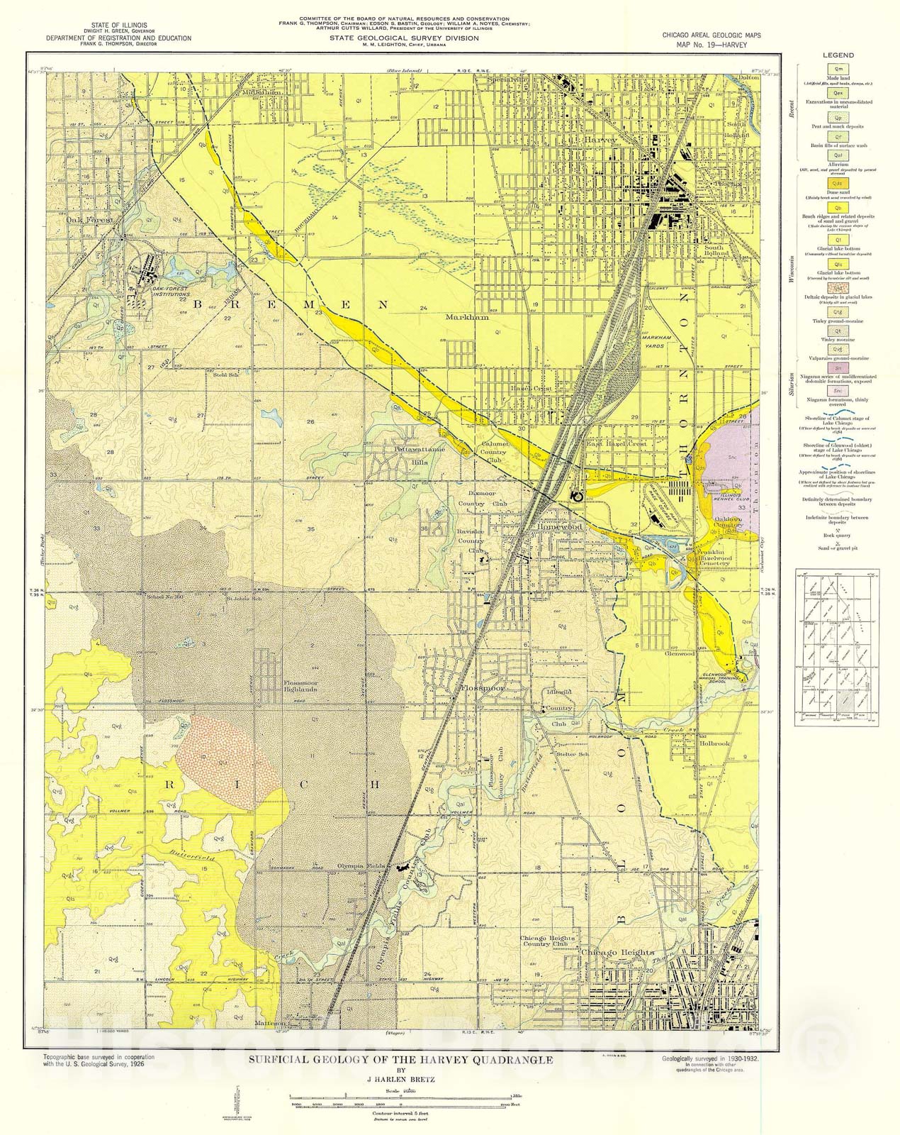 Map : Surficial geology of the Chicago region: Harvey Quadrangle, 1939 Cartography Wall Art :