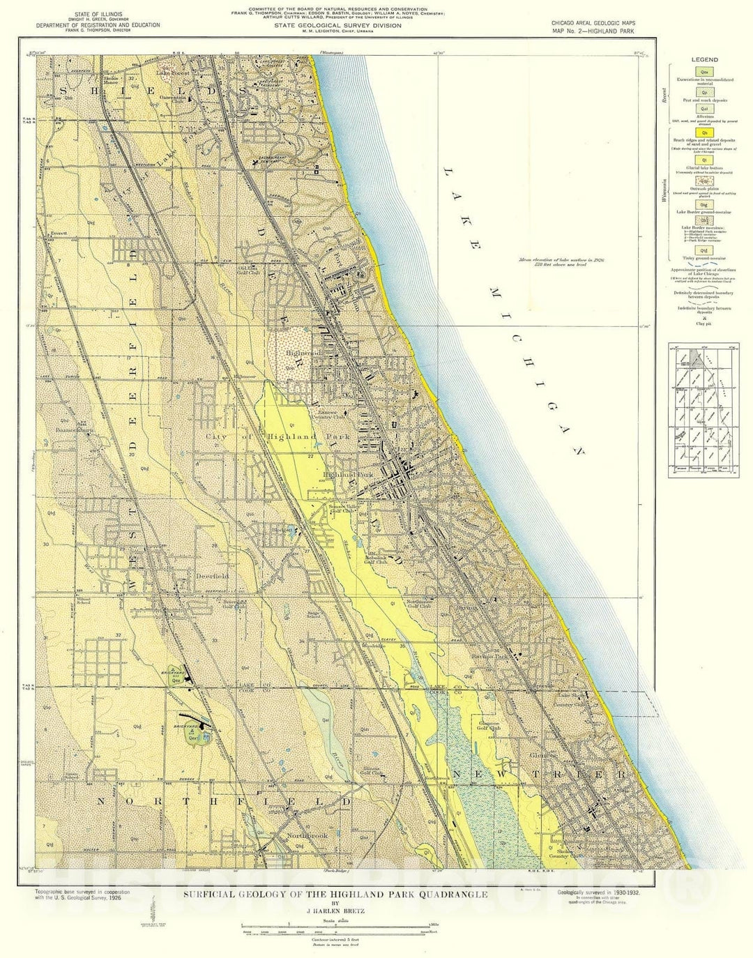 Map : Surficial geology of the Chicago region: Highland Park Quadrangle, 1939 Cartography Wall Art :