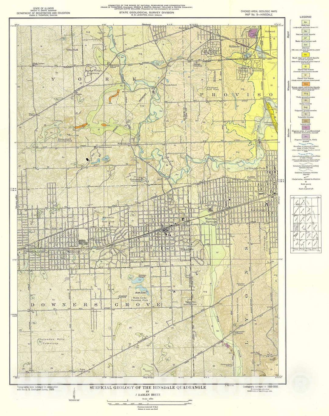 Map : Surficial geology of the Chicago region: Hinsdale Quadrangle, 1939 Cartography Wall Art :