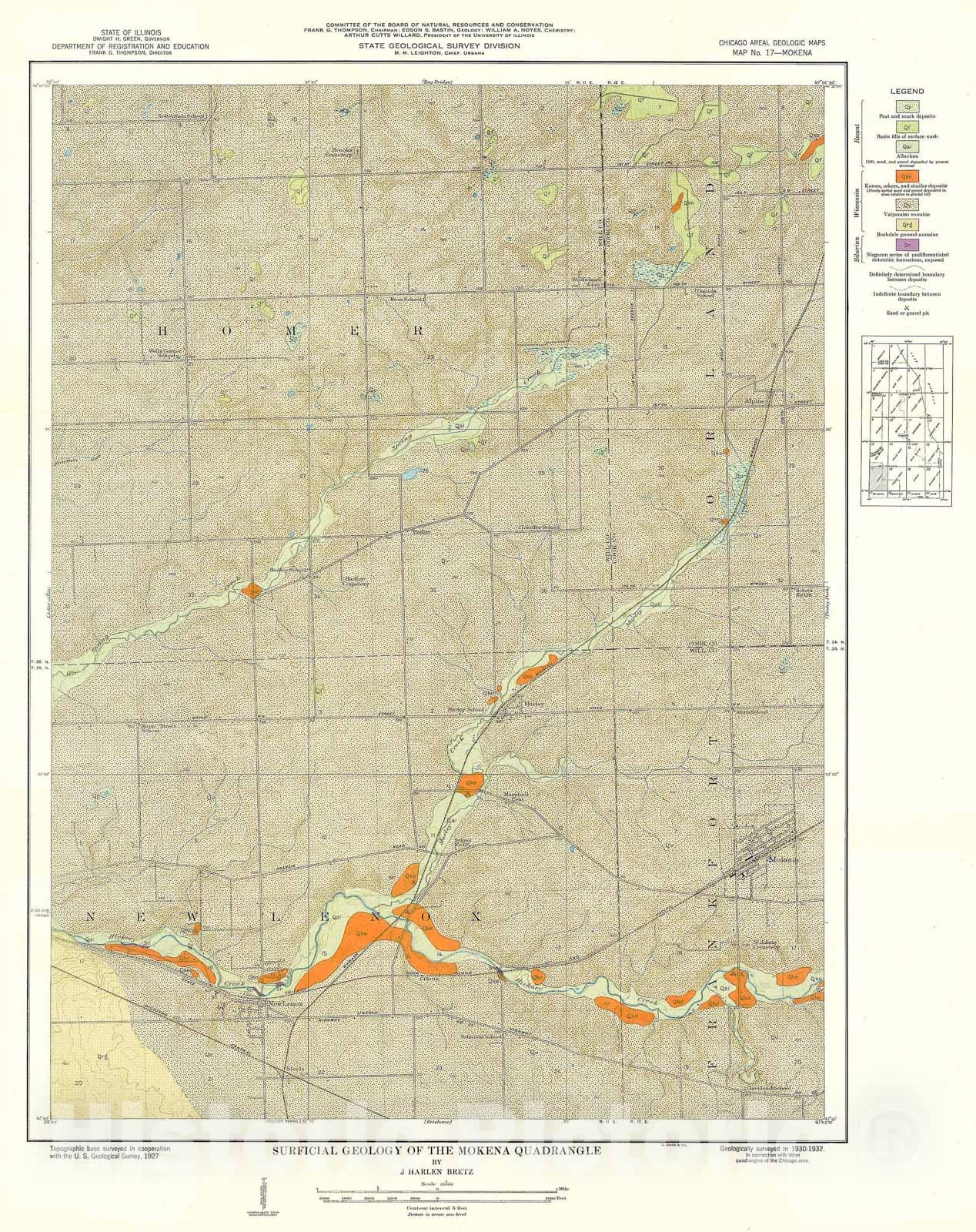 Map : Surficial geology of the Chicago region: Mokena Quadrangle, 1939 Cartography Wall Art :