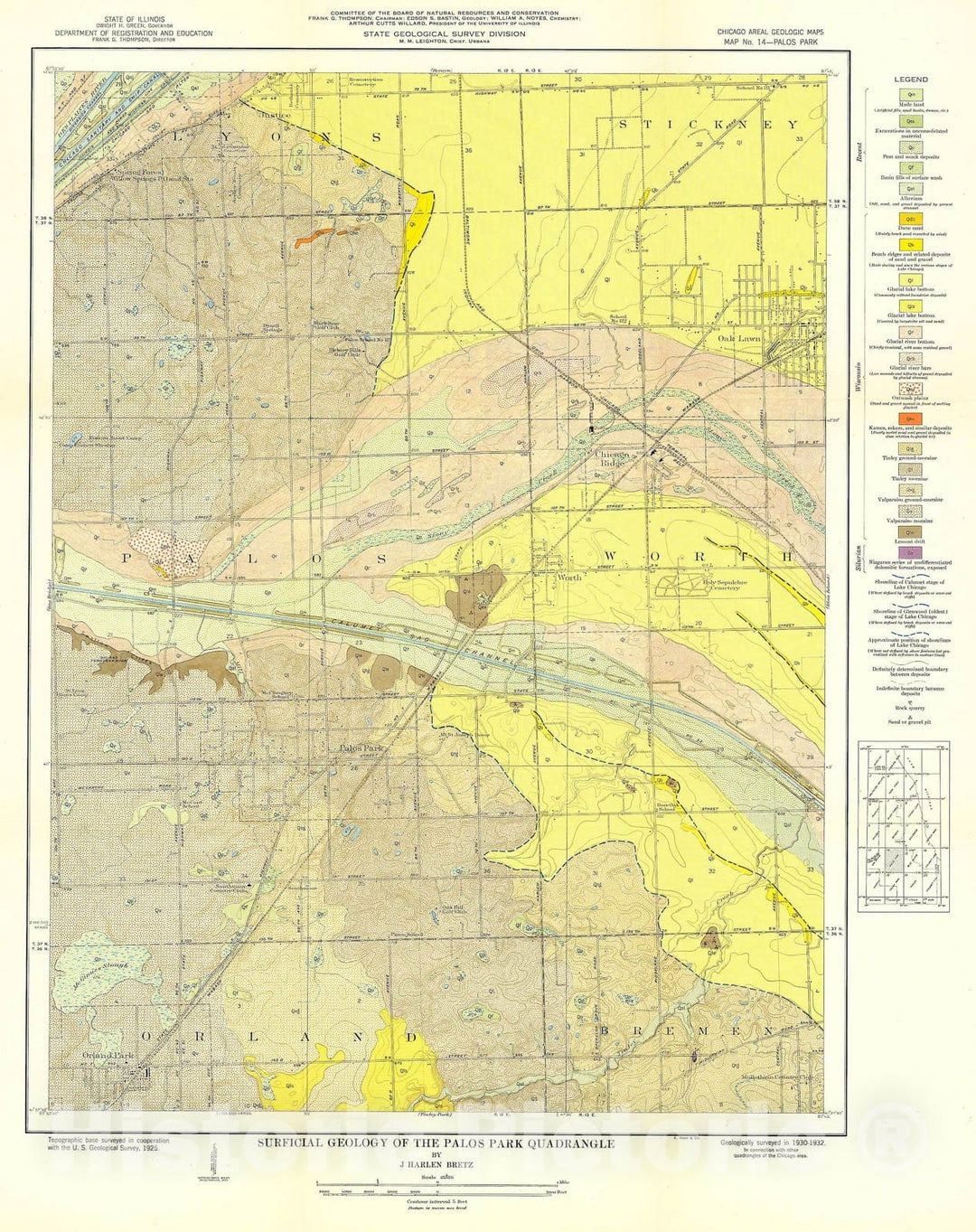 Map : Surficial geology of the Chicago region: Palos Park Quadrangle, 1939 Cartography Wall Art :