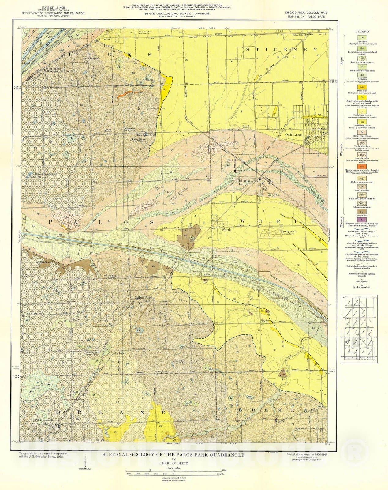 Map : Surficial geology of the Chicago region: Palos Park Quadrangle, 1939 Cartography Wall Art :