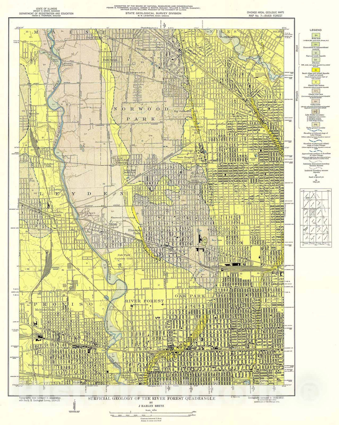 Map : Surficial geology of the Chicago region: River Forest Quadrangle, 1939 Cartography Wall Art :