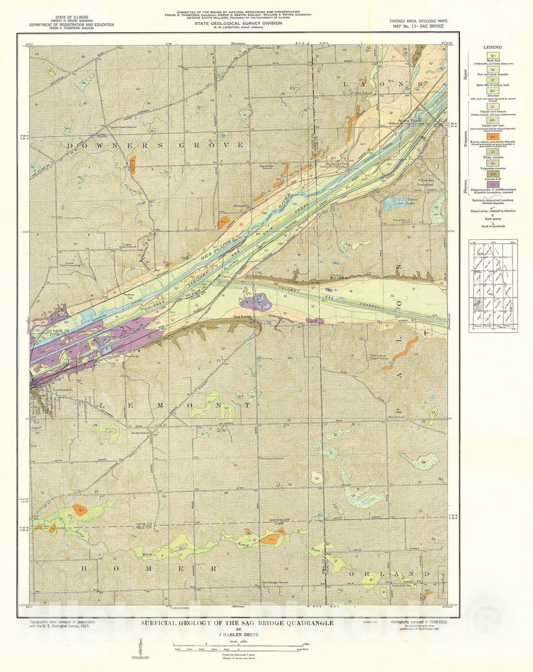 Map : Surficial geology of the Chicago region: Sag Bridge Quadrangle, 1939 Cartography Wall Art :