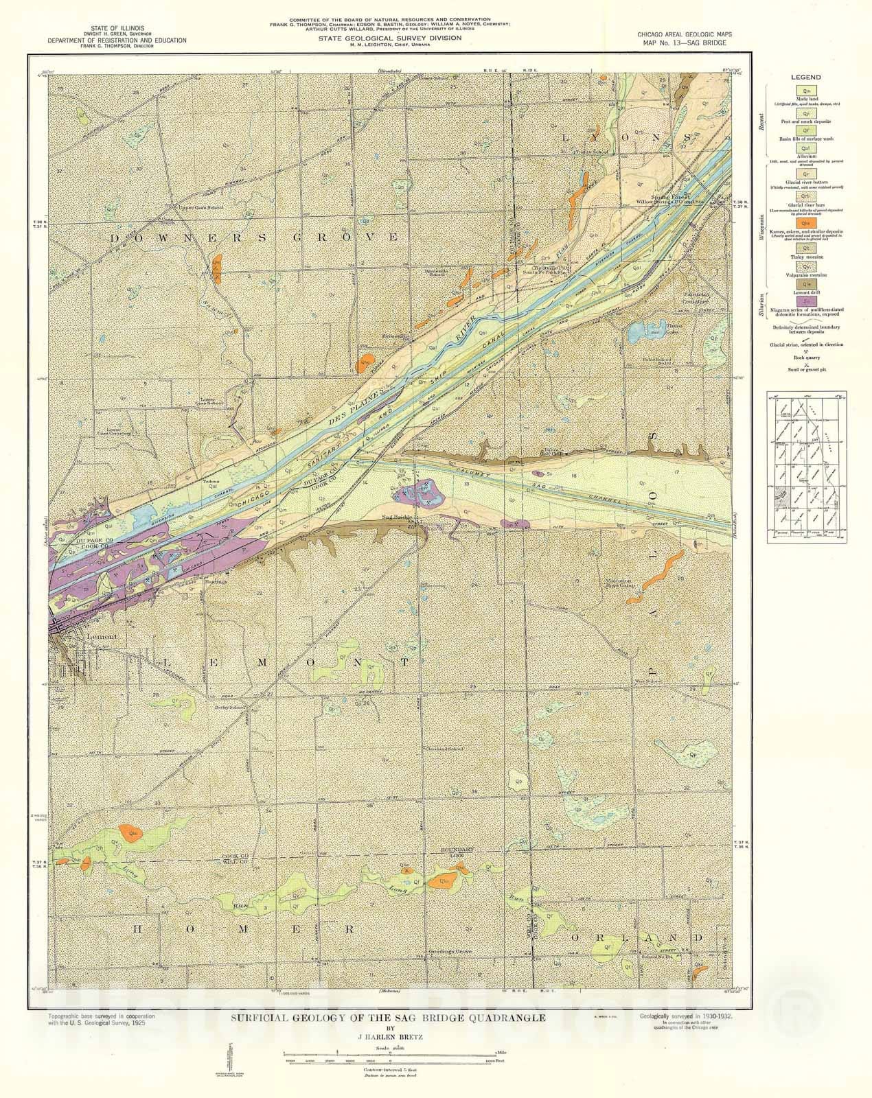 Map : Surficial geology of the Chicago region: Sag Bridge Quadrangle, 1939 Cartography Wall Art :