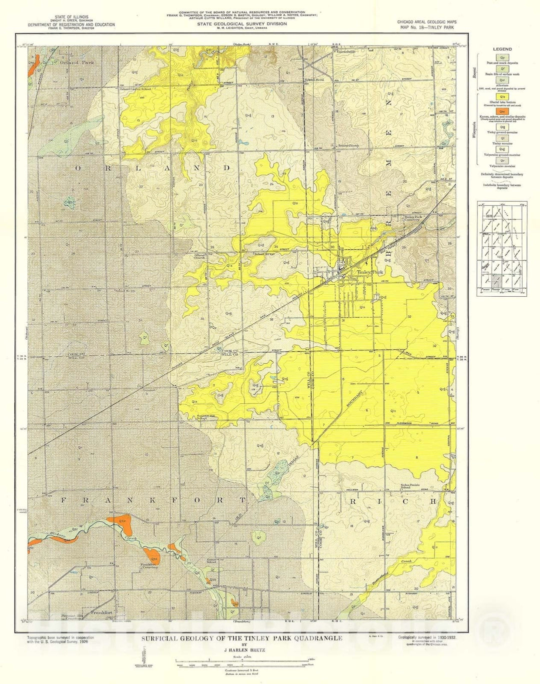 Map : Surficial geology of the Chicago region: Tinley Park Quadrangle, 1939 Cartography Wall Art :