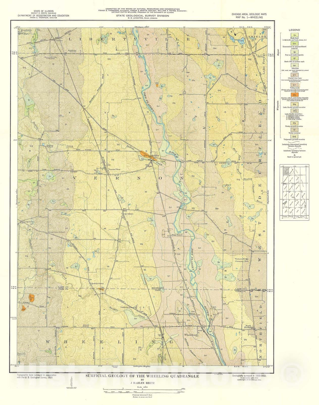 Map : Surficial geology of the Chicago region: Wheeling Quadrangle, 1939 Cartography Wall Art :