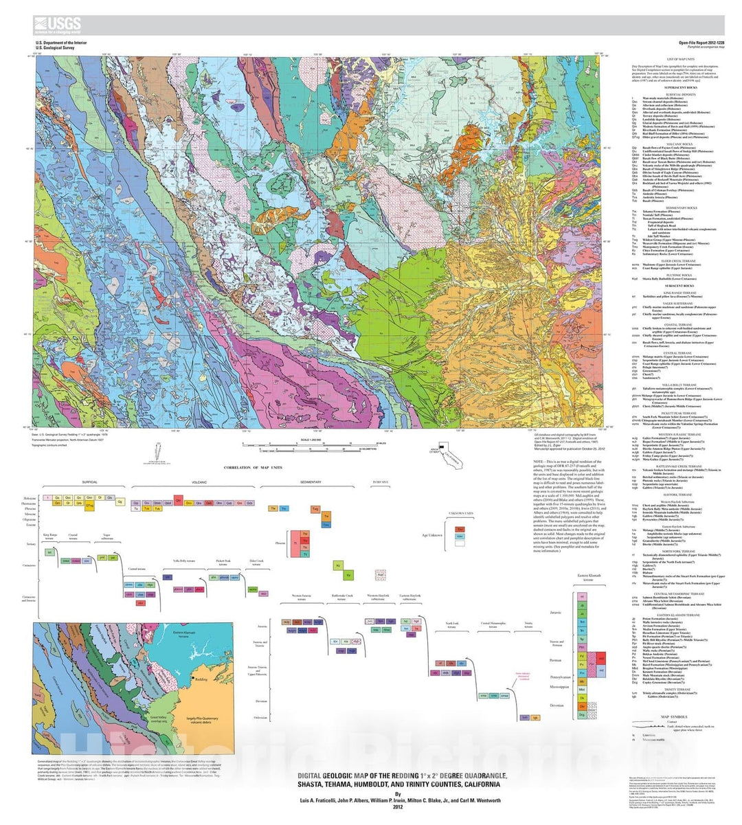 Map : Digital geologic map of the Redding one degree x two degree quadrangle, Shasta, Tehama, Humboldt, and Trinity Counties, California, two0onetwo Cartography Wall Art :