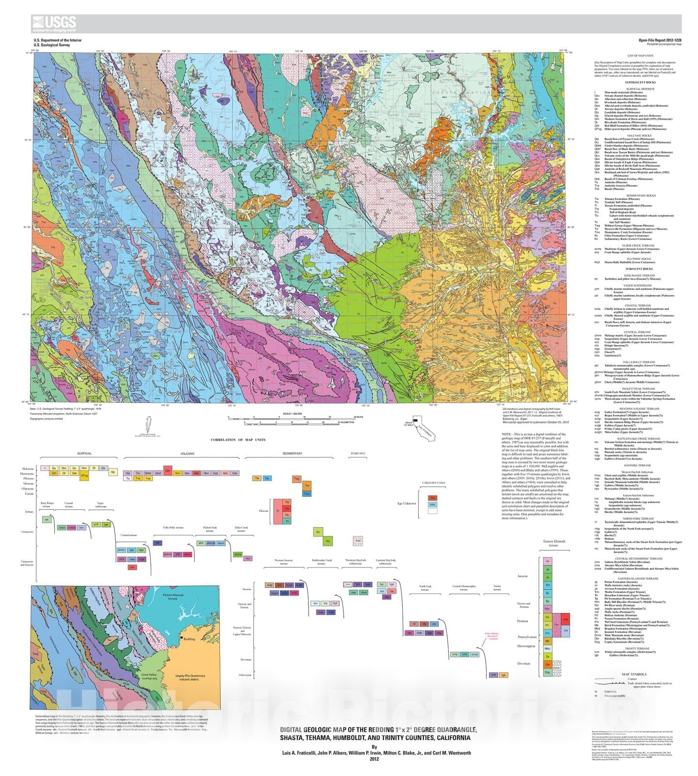 Map : Digital geologic map of the Redding one degree x two degree quadrangle, Shasta, Tehama, Humboldt, and Trinity Counties, California, two0onetwo Cartography Wall Art :