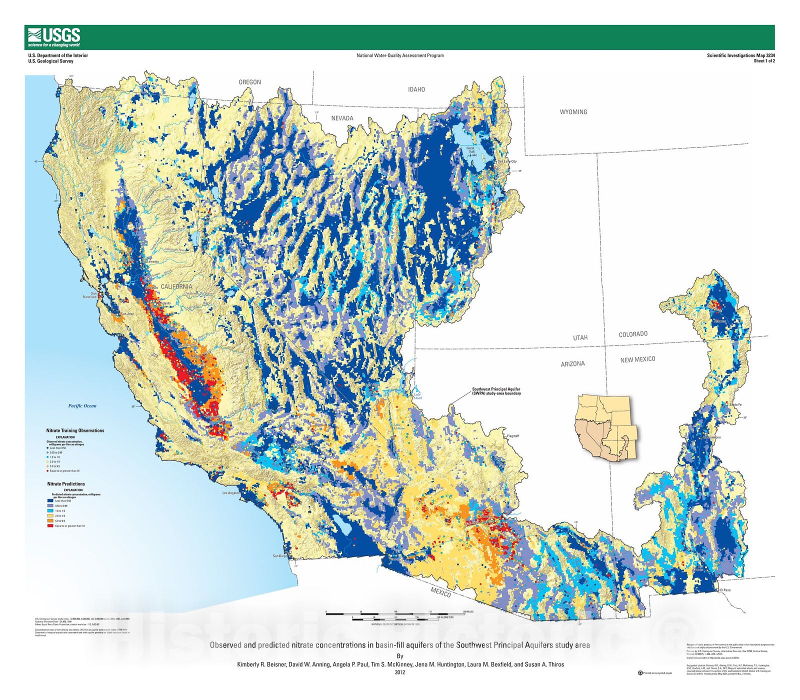 Map : Maps of estimated nitrate and arsenic concentrations for basin fill aquifers of the southwestern United States, 2012 Cartography Wall Art :