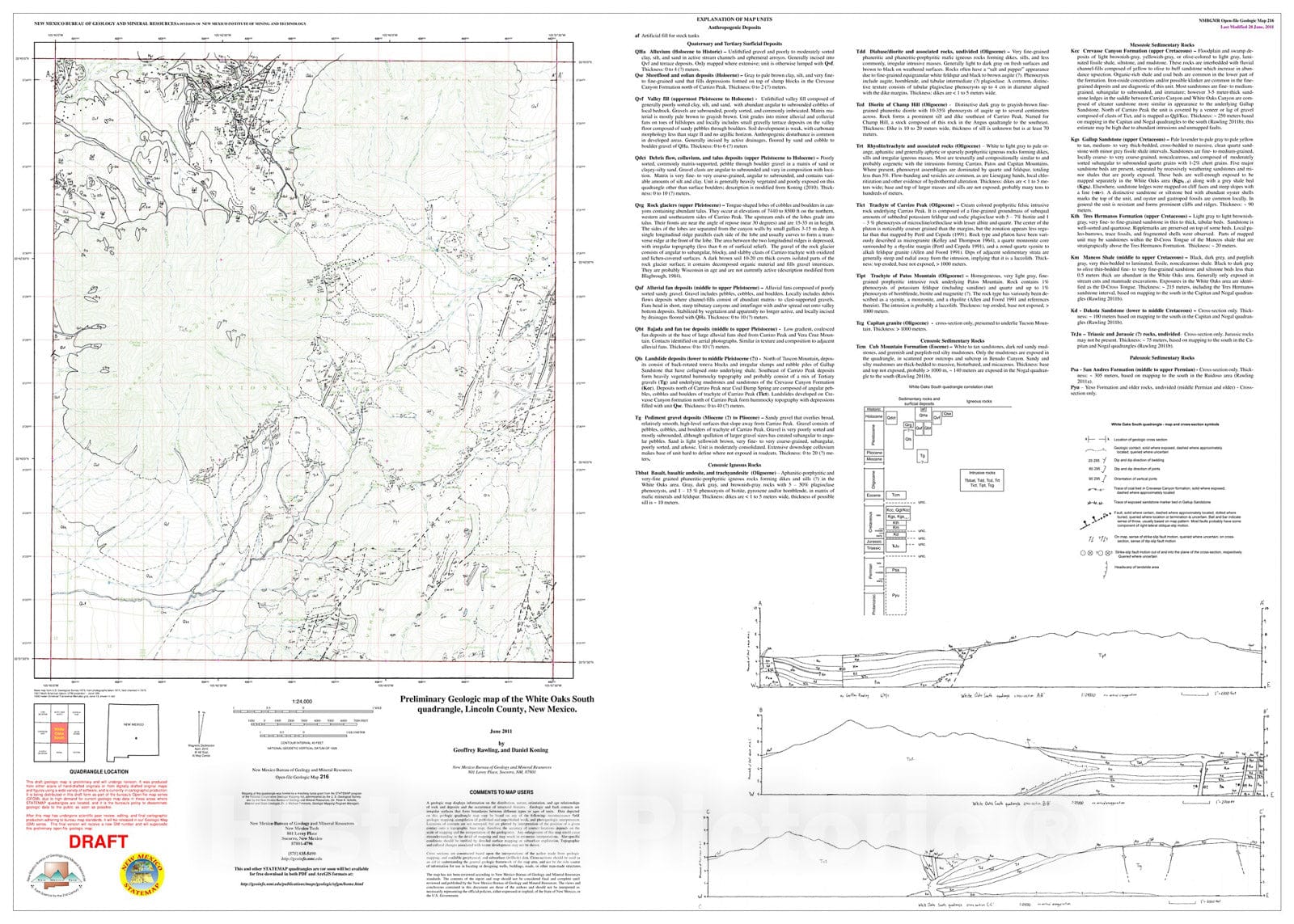 Map : Preliminary geologic map of the White Oaks South 7.5-minute quadrangle, Lincoln County, New Mexico, 2011 Cartography Wall Art :
