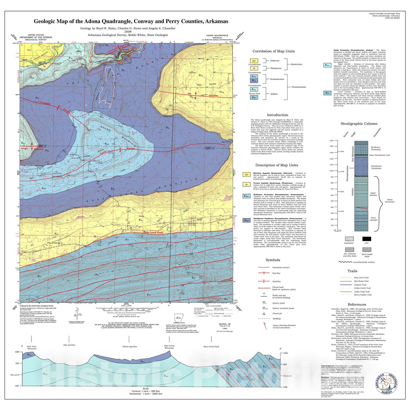Map : Geologic map of the Adona Quadrangle, Conway and Perry counties, Arkansas, 2008 Cartography Wall Art :