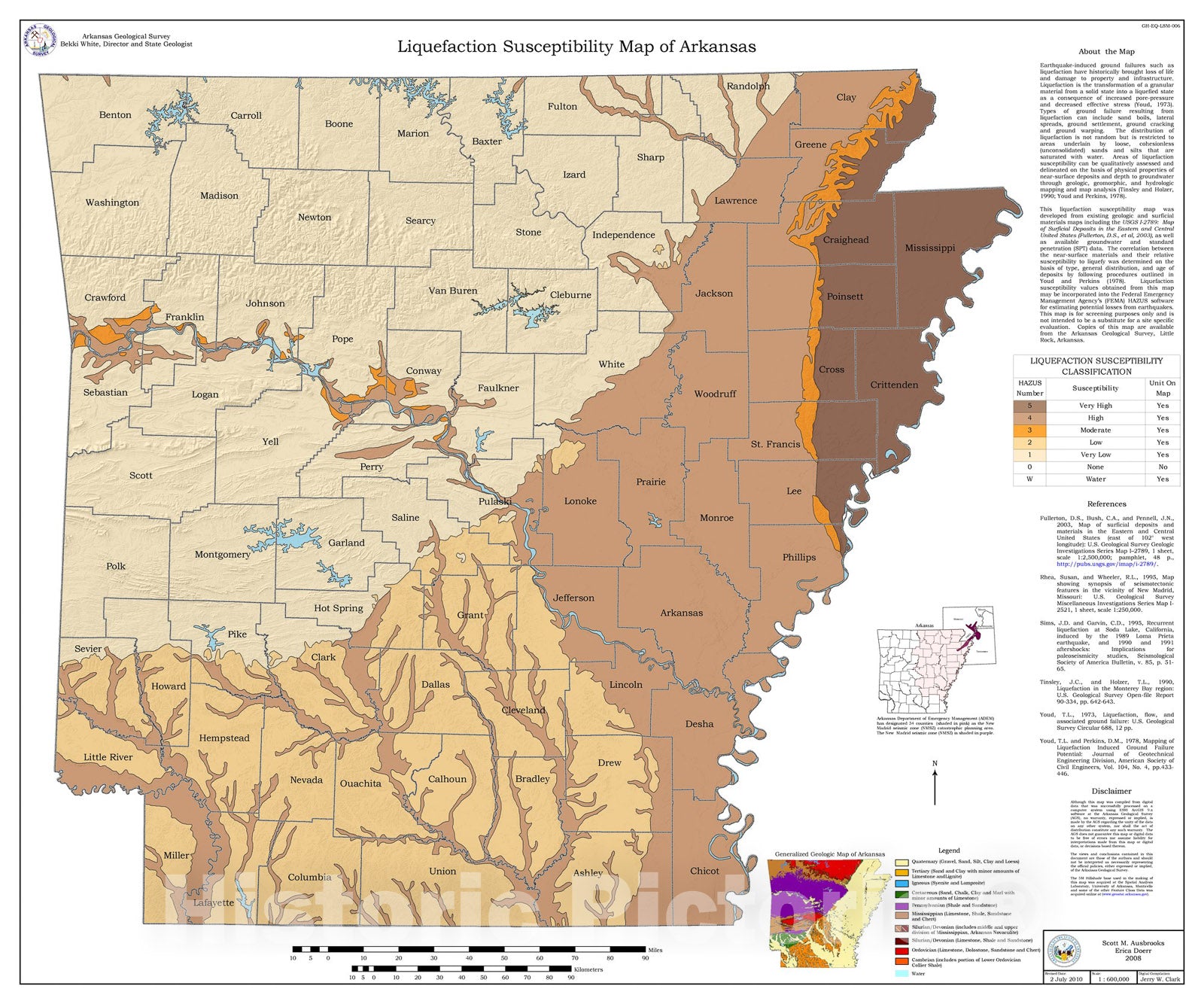 Map : Liquefaction susceptibility map of Arkansas, 2010 Cartography Wall Art :
