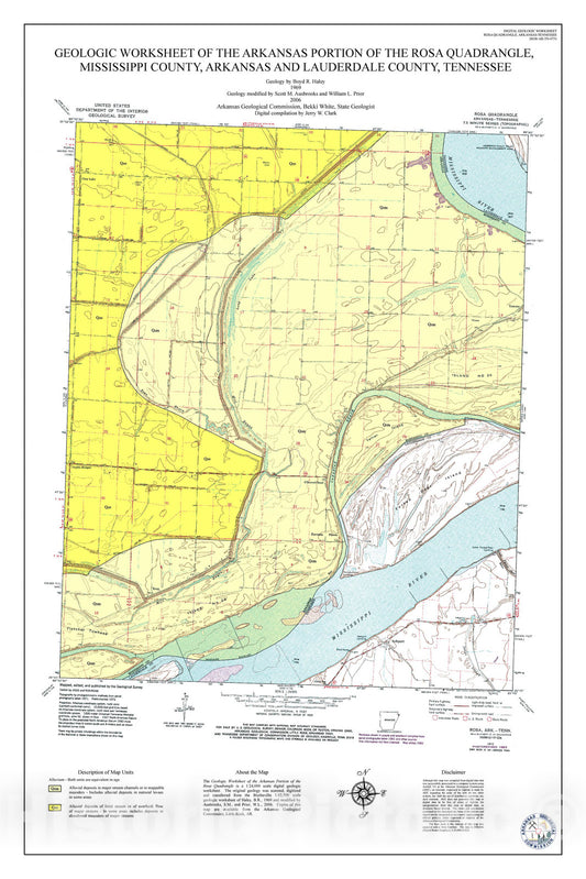 Map : Geologic worksheet of the Arkansas portion of the Rosa Quadrangle, Mississippi County, Arkansas, and Lauderdale County, Tennessee, 2006 Cartography Wall Art :
