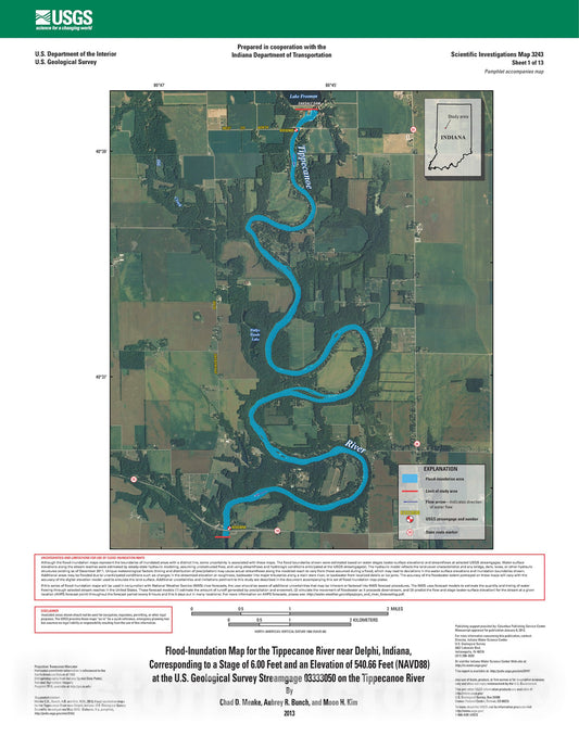 Map : Flood-inundation maps for the Tippecanoe River near Delphi, Indiana, 2013 Cartography Wall Art :