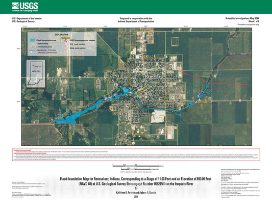 Map : Flood-inundation maps for the Iroquois River at Rensselaer, Indiana, 2013 Cartography Wall Art :
