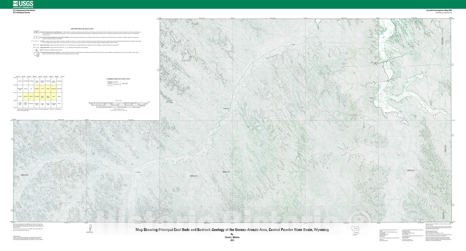 Map : Map showing principal coal beds and bedrock geology of the Ucross-Arvada area, central Powder River Basin, Wyoming, 2013 Cartography Wall Art :