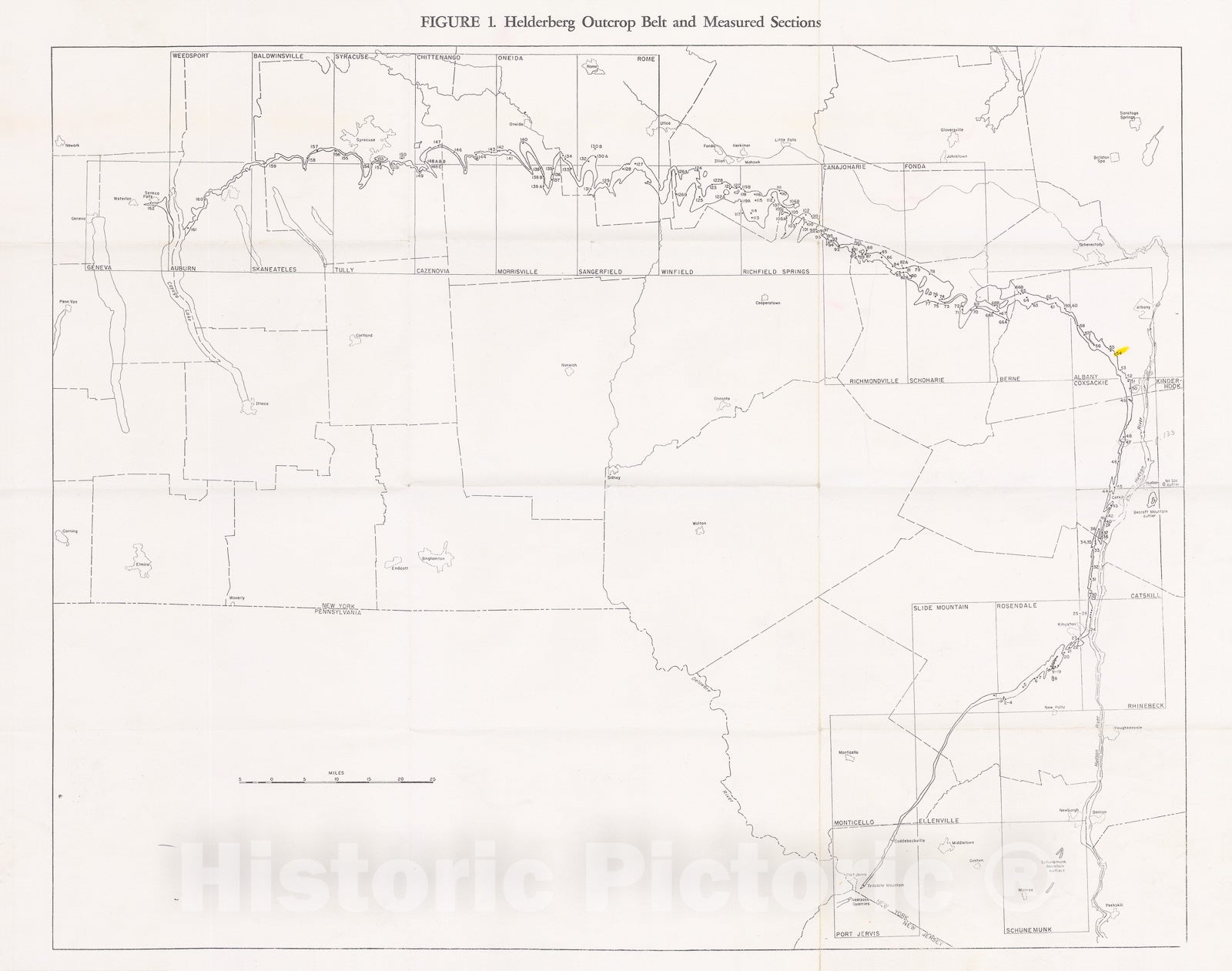 Map : Late Cayugan (Upper Silurian) and Helderbergian (Lower Devonian) stratigraphy in New York, 1962 Cartography Wall Art :