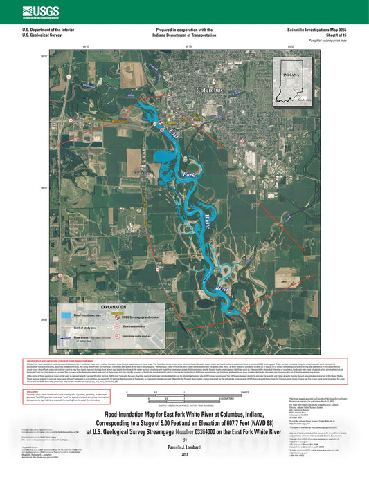 Map : Flood-inundation maps for the East Fork White River at Columbus, Indiana, 2013 Cartography Wall Art :