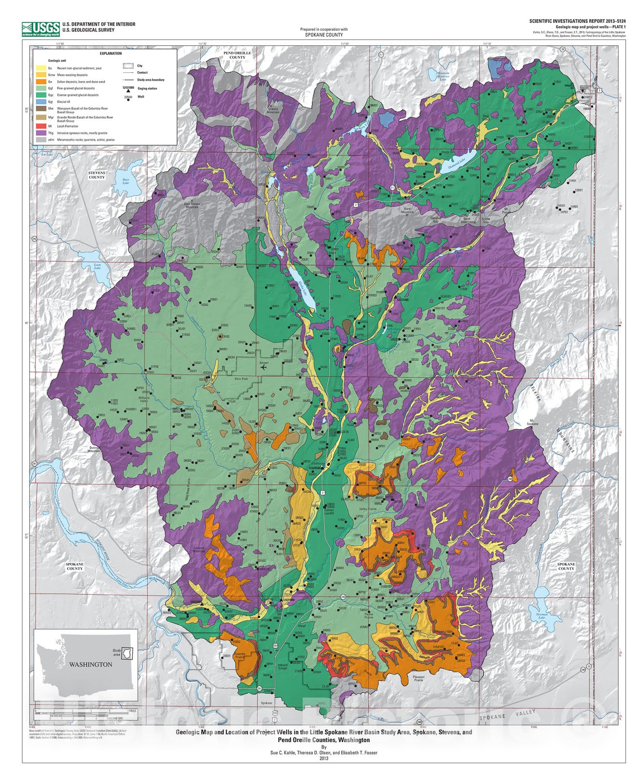 Map : Hydrogeology of the Little Spokane River Basin, Spokane, Stevens, and Pend Oreille Counties, Washington, 2013 Cartography Wall Art :