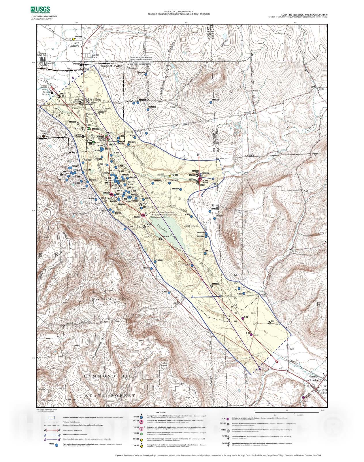 Map : Geohydrology, water quality, and simulation of groundwater flow in the stratified-drift aquifer system in Virgil Creek and Dryden, 2013 Cartography Wall Art :