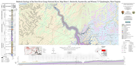 Map : Bedrock Geology of the New River Gorge National River, Map Sheet 1: Beckwith, Fayetteville, and Winona 7.5' Quadrangles, West Virginia, 2013 Cartography Wall Art :