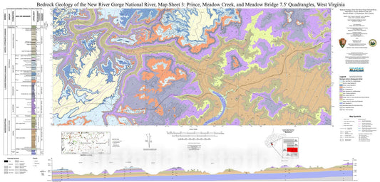 Map : Bedrock Geology of the New River Gorge National River, Map Sheet 3: Prince, Meadow Creek, and Meadow Bridge 7.5' Quadrangles, West Virginia, 2013 Cartography Wall Art :