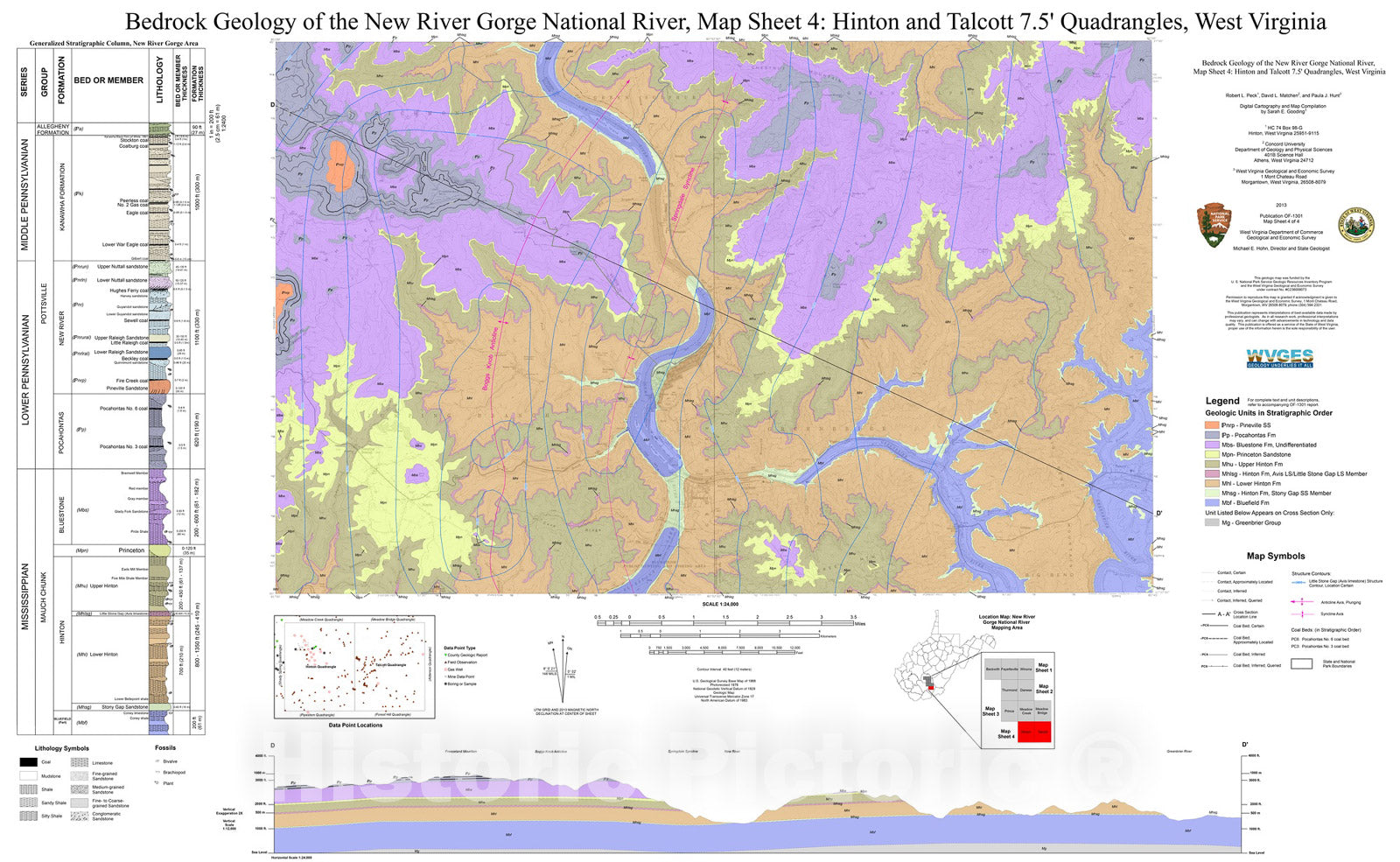 Map : Bedrock Geology of the New River Gorge National River, Map Sheet 4: Hinton and Talcott 7.5' Quadrangles, West Virginia, 2013 Cartography Wall Art :