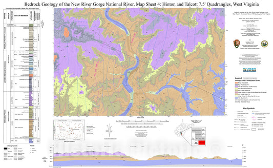 Map : Bedrock Geology of the New River Gorge National River, Map Sheet 4: Hinton and Talcott 7.5' Quadrangles, West Virginia, 2013 Cartography Wall Art :