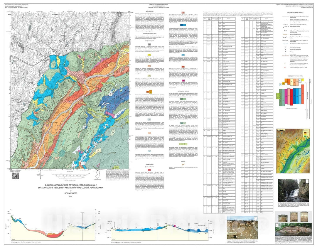 Map : Surficial geologic map of the Milford quadrangle, Sussex County, New Jersey, and part of Pike County, Pennsylvania, 2012 Cartography Wall Art :