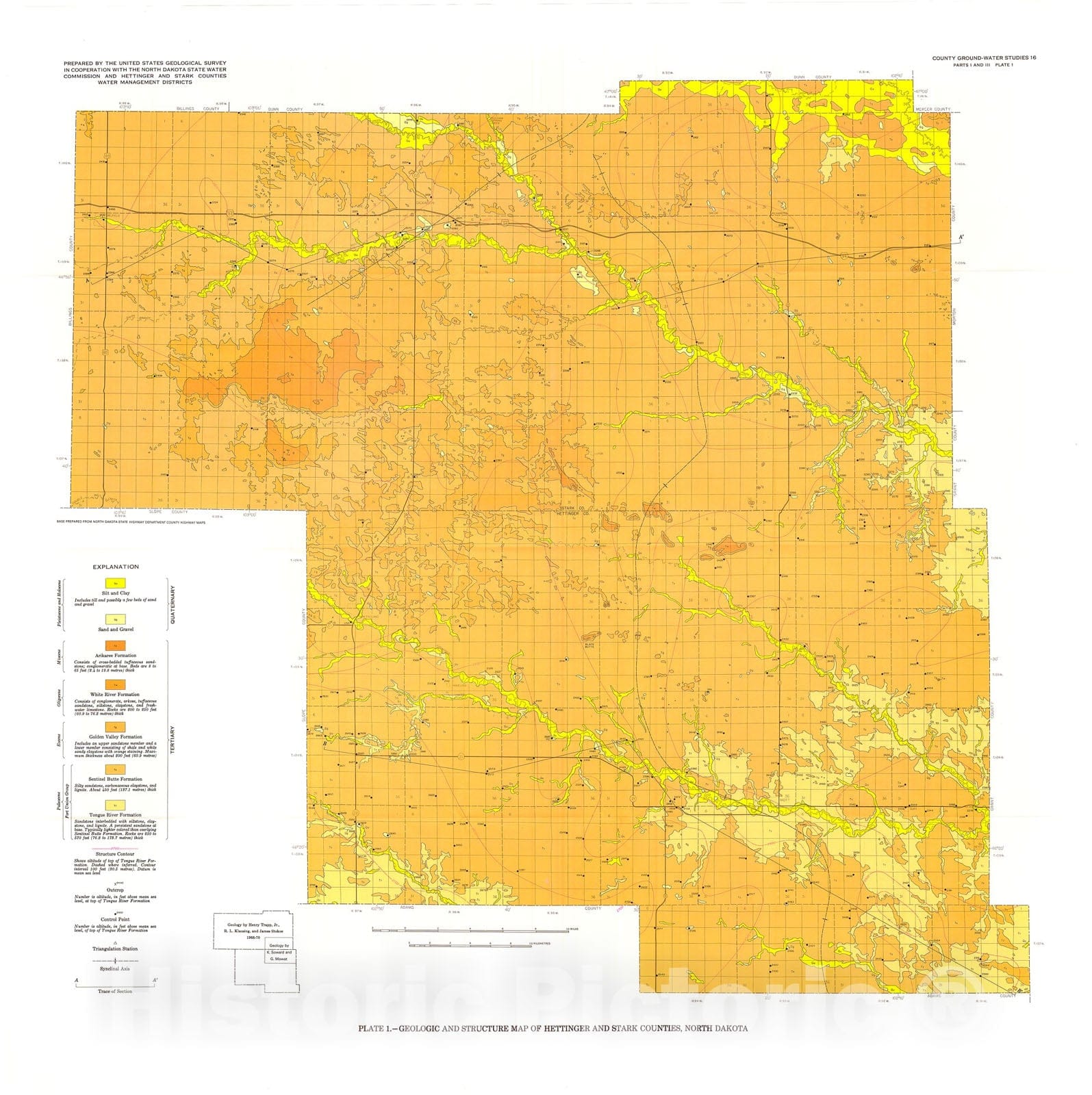 Map : Geology and ground-water resources of Hettinger and Stark Counties, North Dakota: Part 1. Geology, 1975 Cartography Wall Art :