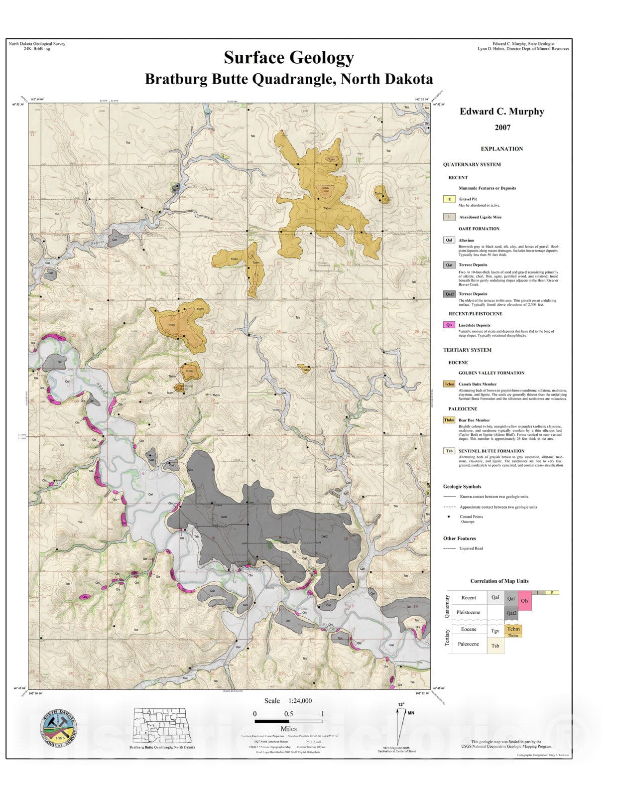 Map : Surface geology - Bratburg Butte quadrangle, North Dakota, 2007 Cartography Wall Art :