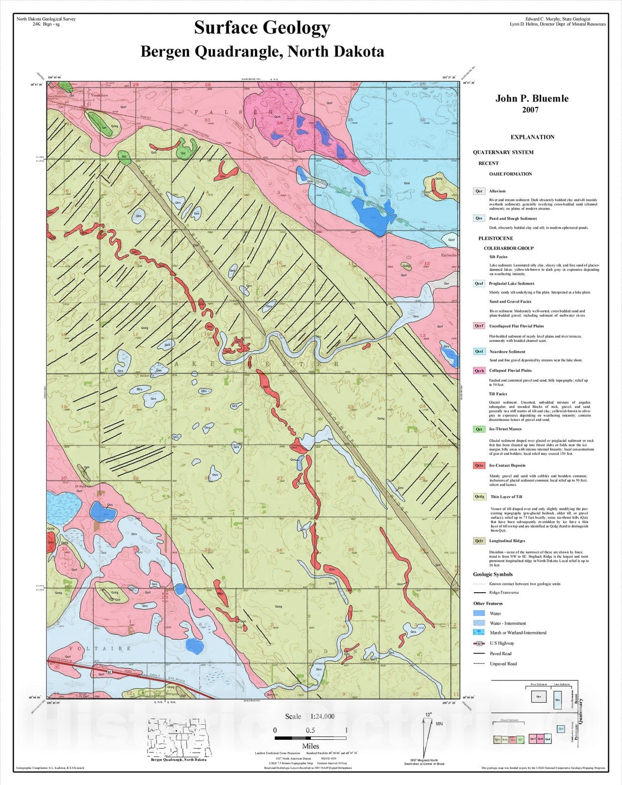 Map : Surface geology - Bergen quadrangle, North Dakota, 2007 Cartography Wall Art :