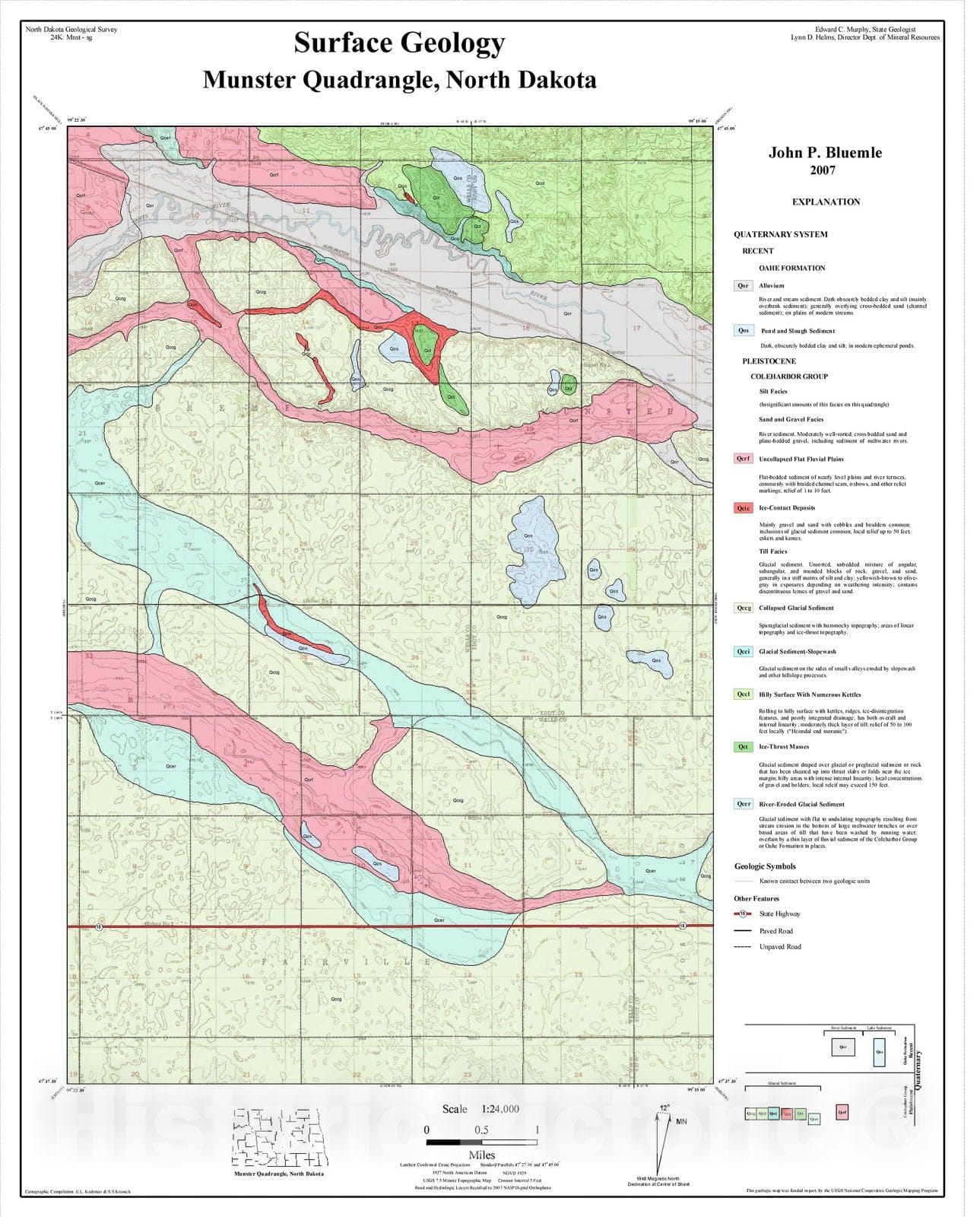 Map : Surface geology - Munster quadrangle, North Dakota, 2007 Cartography Wall Art :