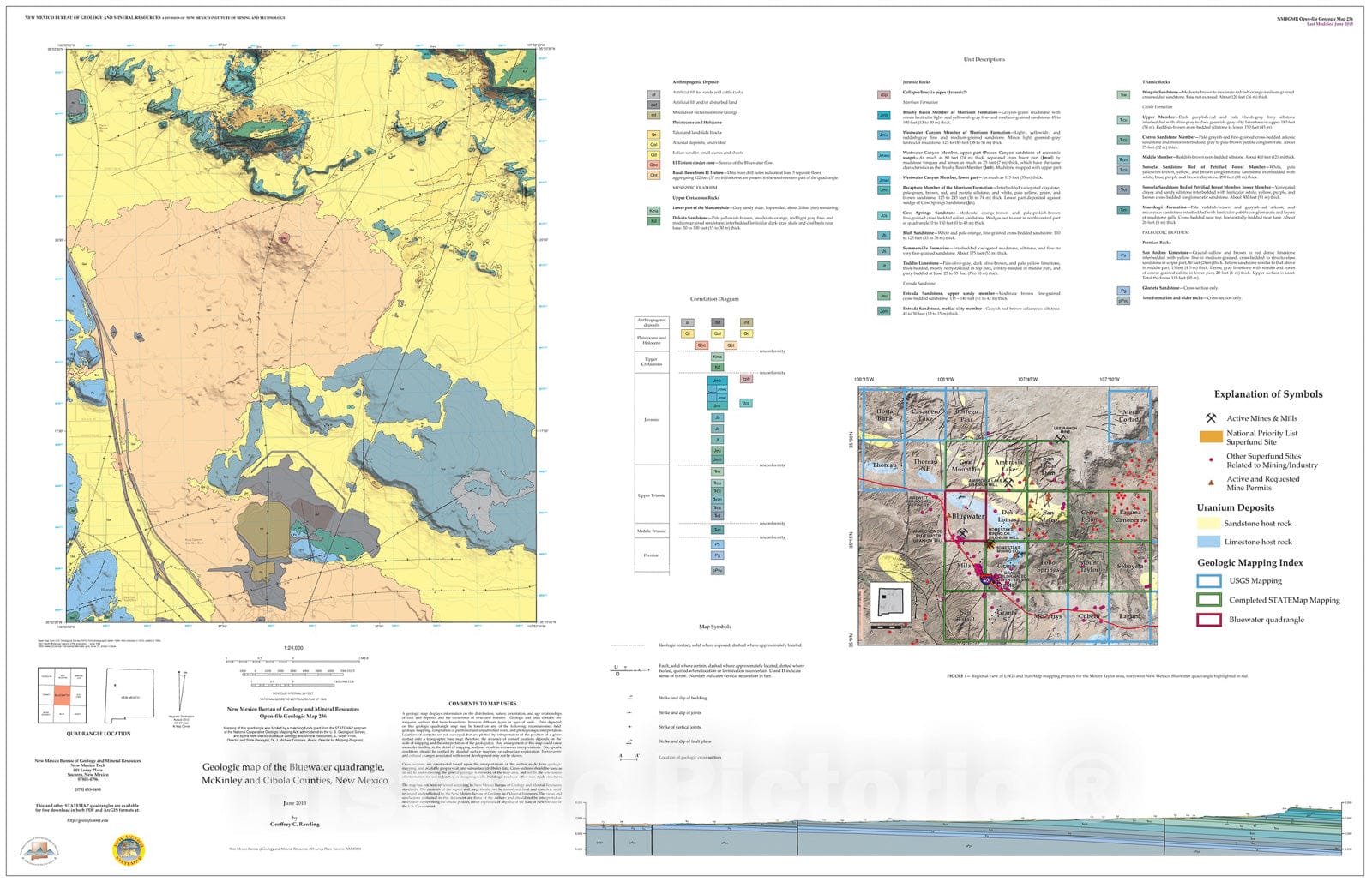 Map : Geologic map of the Bluewater 7.5-minute quadrangle, Cibola and McKinley counties, New Mexico, 2013 Cartography Wall Art :